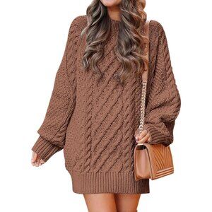 Women Oversized Cable Knit Sweater Brown Chunky Long Sleeve Fall Winter Outfit